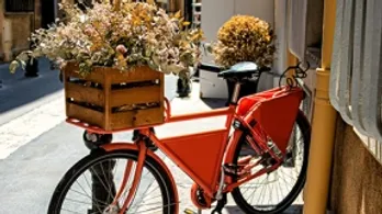 Vélo en stationnement, rempli de fleurs, symbole de livraison urbaine douce et écoresponsable