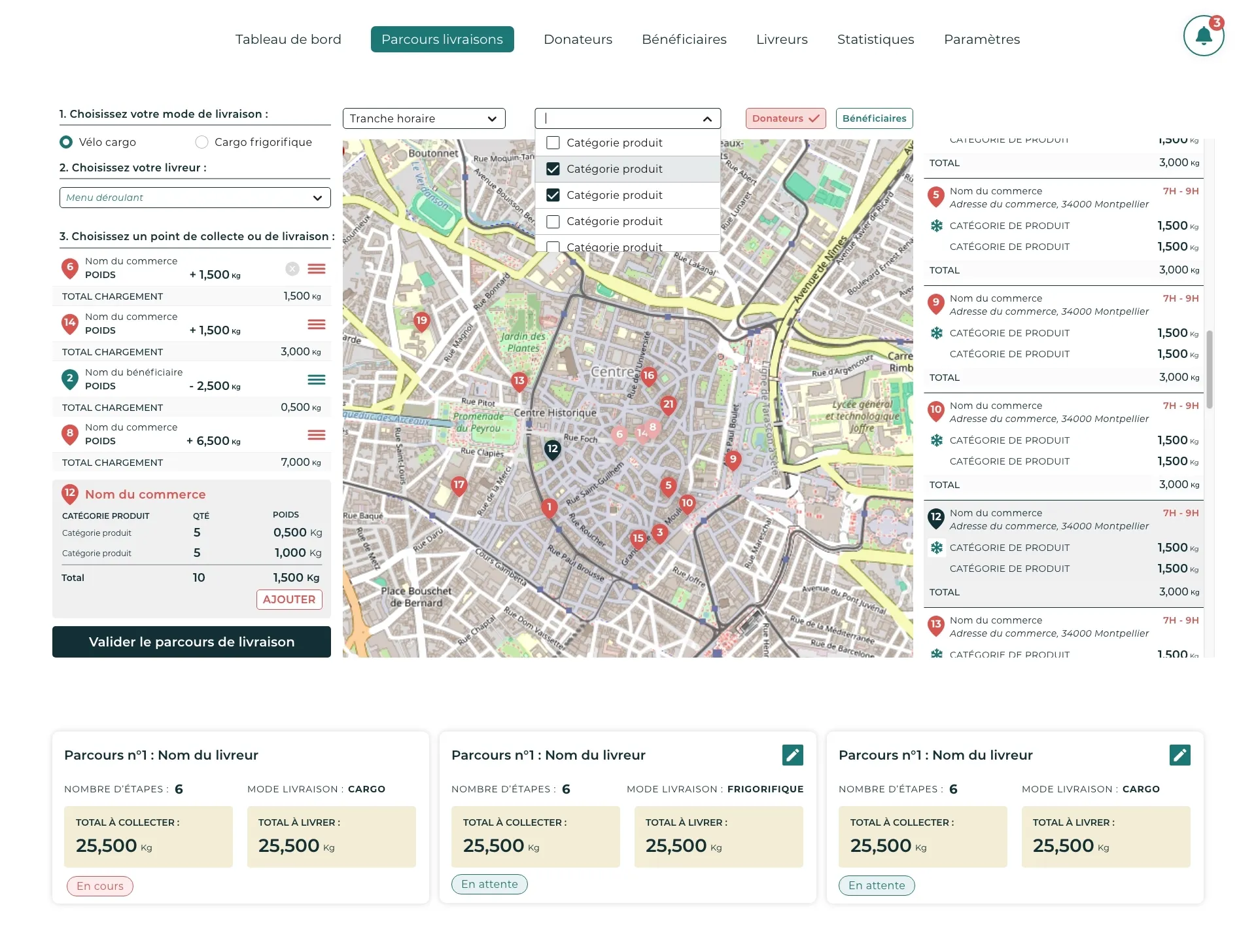 Maquette de l'interface du service logistique : planifier des parcours de livraison