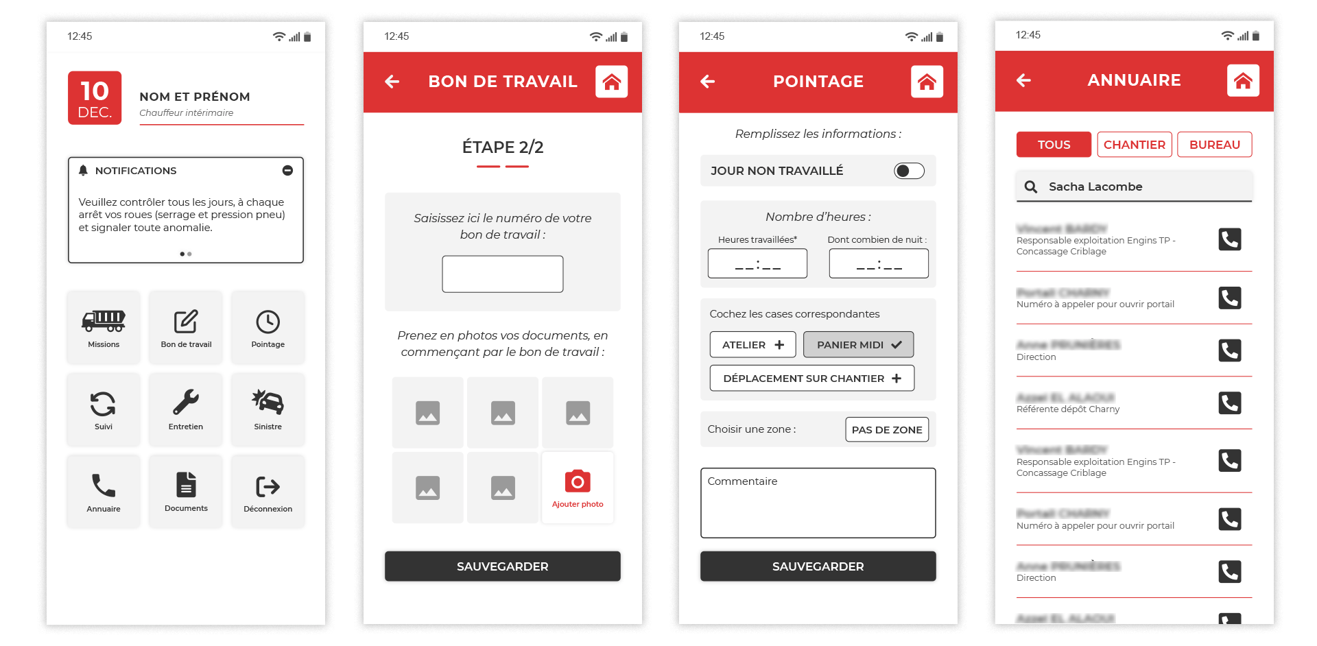 Interfaces d'une application mobile de terrain affichant un annuaire d'entreprise, une fonctionnalité de pointage, et le suivi des interventions en temps réel.