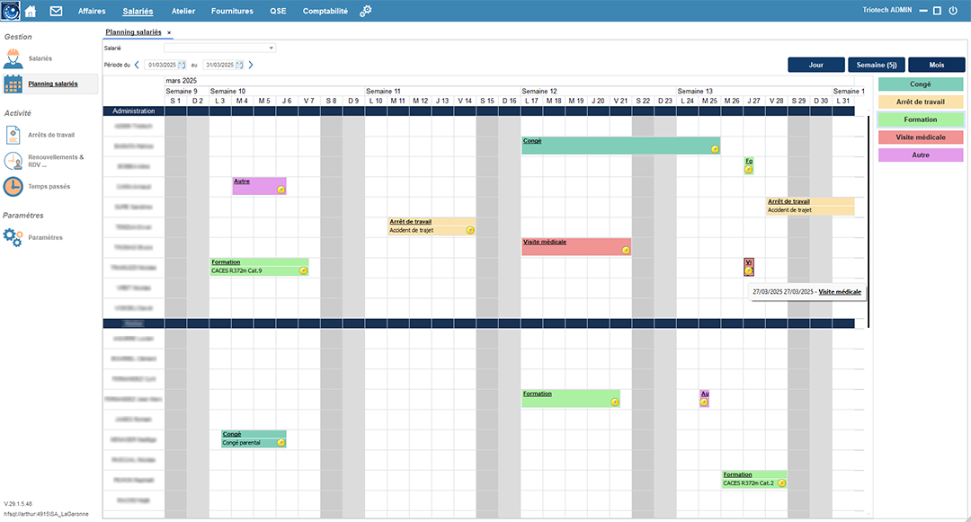 Planning des salariés affichant les congés, RTT et formations pour une gestion optimisée des absences et des disponibilités.
