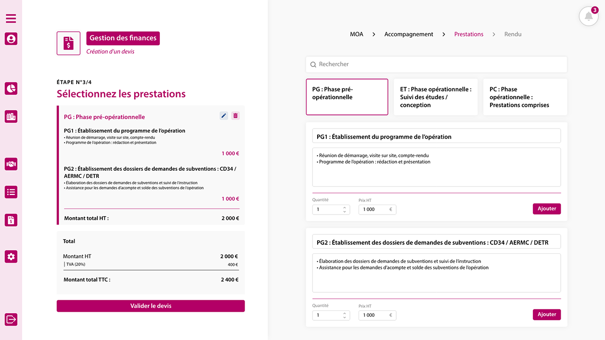 Maquette d'une plateforme web permettant la création de devis - Développement sur mesure